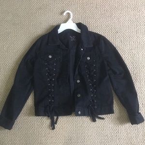 black denim jacket w lace up details